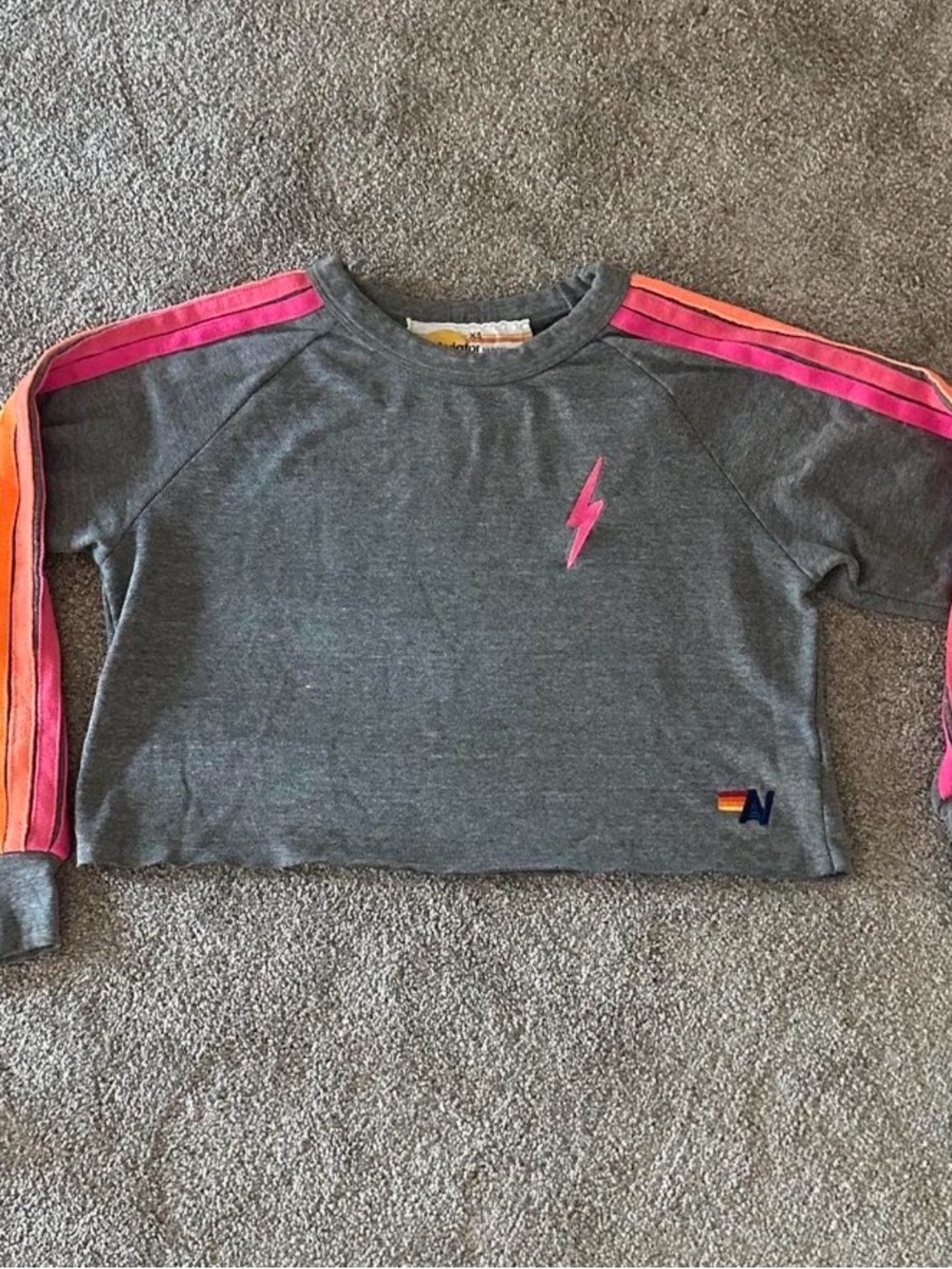 Kids Grey Sweatshirt with Pink Lightning and Stripe Sleeves